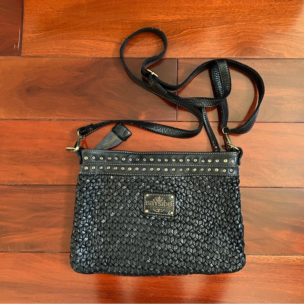 Bayside Fashion Nation Woven Leather Black Studded Crossbody Shoulder Bag Italy